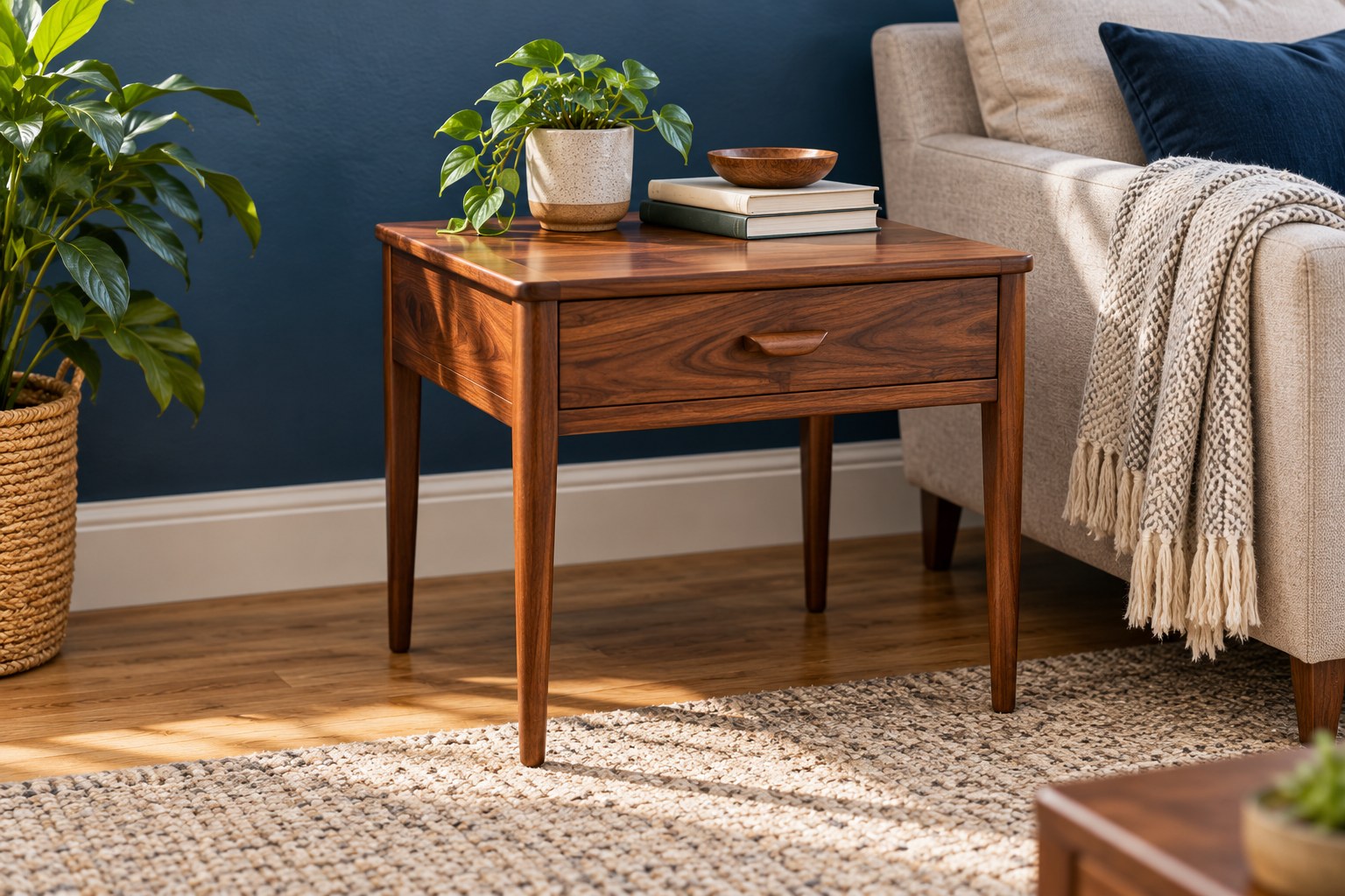 Refinished wooden side table beside a blue wall in a welcoming living room
