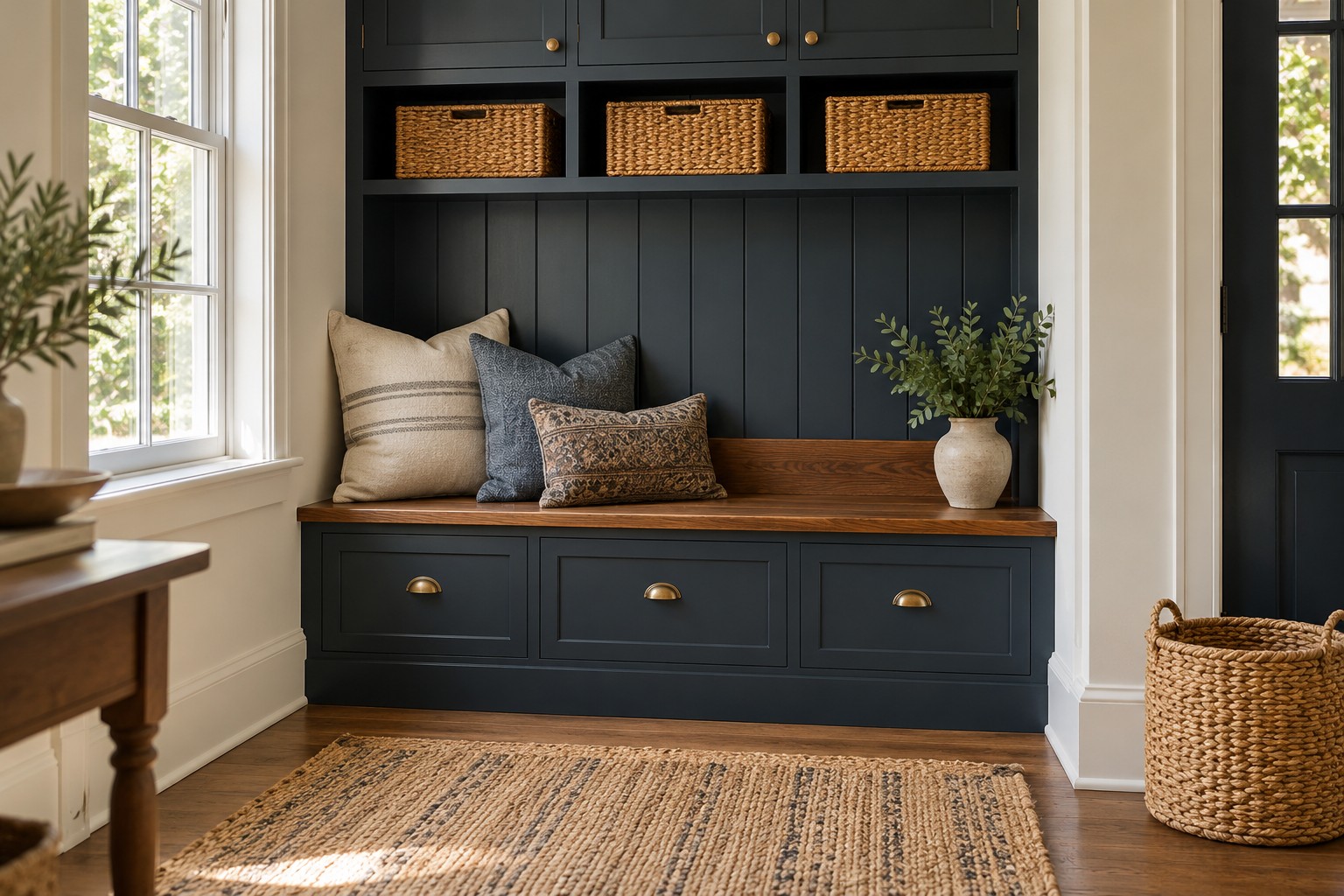 An inviting home corner with a wooden bench, painted cabinetry and neatly organized baskets