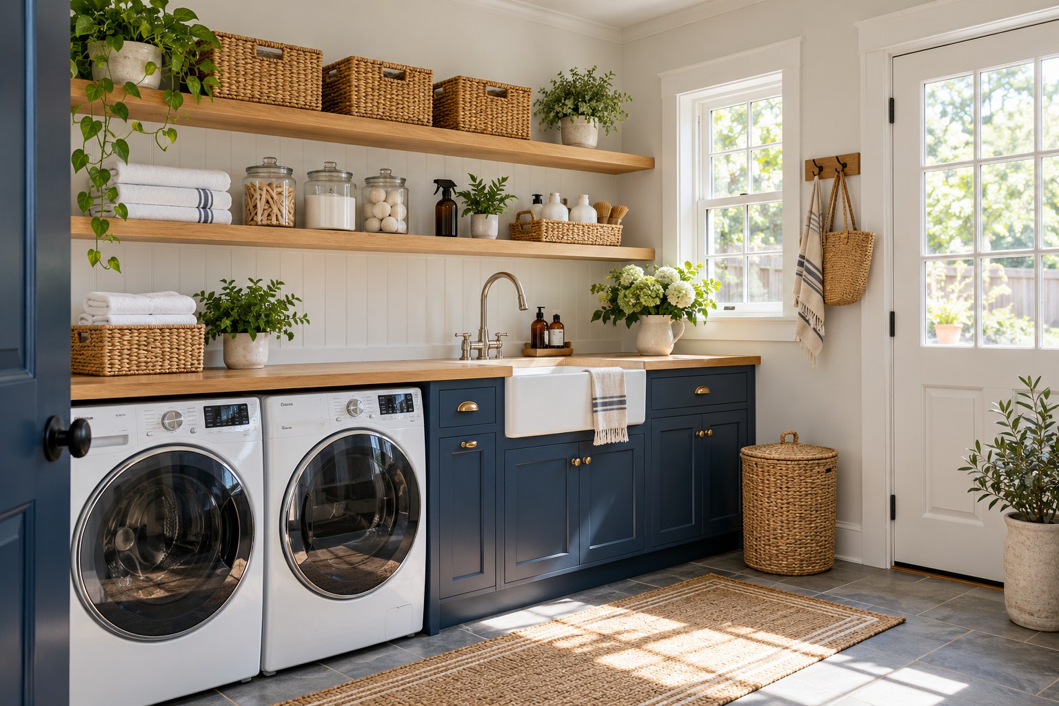 Organized utility room with painted cabinetry, wood shelves and neatly arranged baskets